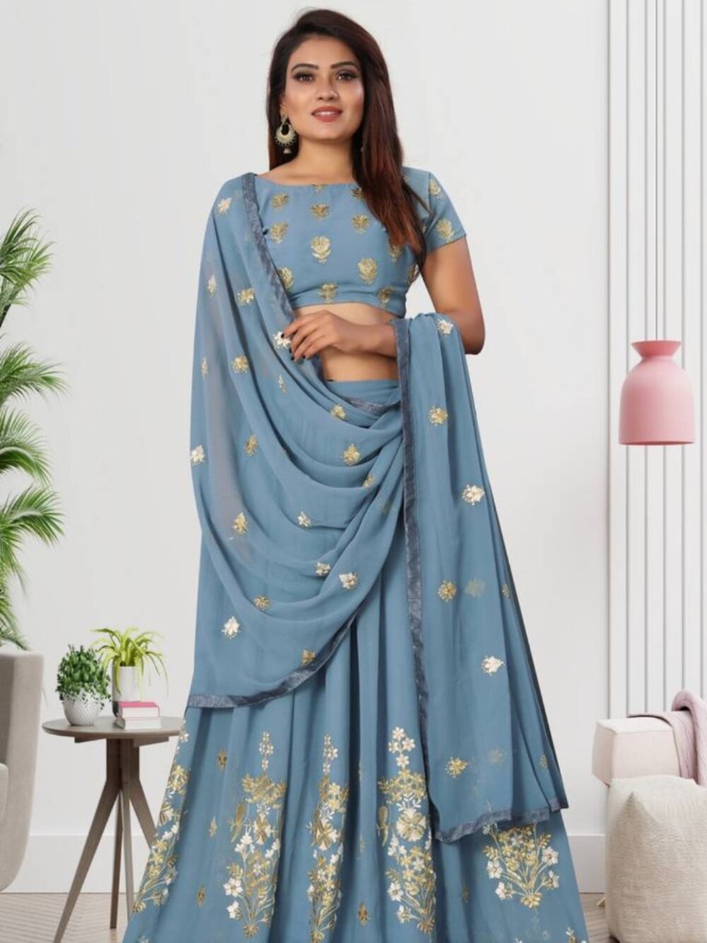 Bollywood Georgette Grey Embroidery And Zari Lehenga Choli